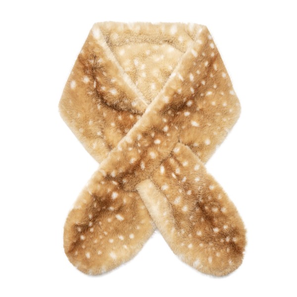 Fawn Print Faux Fur Pull Through Scarf made from plush, ultra soft faux fur printed with a dreamy fawn spot pattern. A built in keyhole lets the scarf slip through itself for a secure, no fuss fit that stays put without knots or pins. Perfect for chilly game days, holiday outings, and cozy winter outfits. A trendy, giftable cold weather piece that sells beautifully alongside matching hats and headbands.