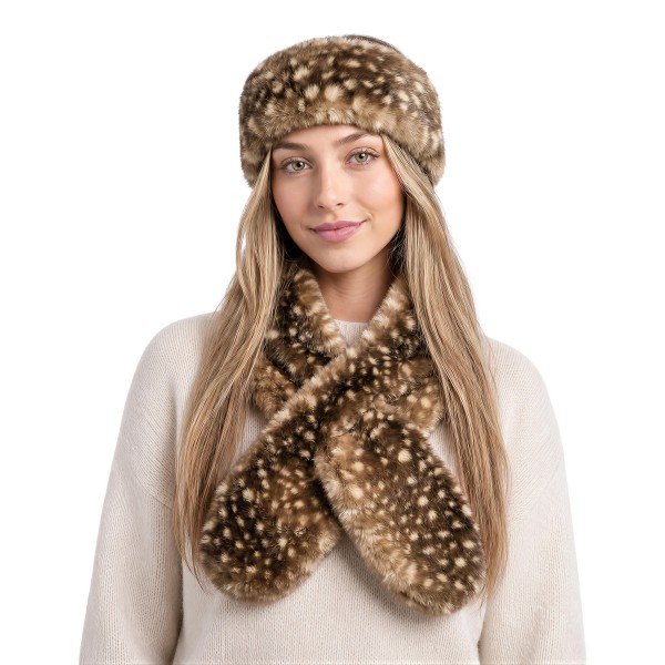 Fawn Print Faux Fur Pull Through Scarf made from plush, ultra soft faux fur printed with a dreamy fawn spot pattern. A built in keyhole lets the scarf slip through itself for a secure, no fuss fit that stays put without knots or pins. Perfect for chilly game days, holiday outings, and cozy winter outfits. A trendy, giftable cold weather piece that sells beautifully alongside matching hats and headbands.