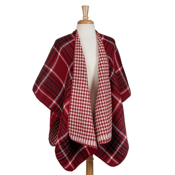 Red, black and white reversible kimono with houndstooth and plaid. 100% acrylic. One size fits most. 