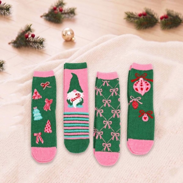 Holiday crew sock set with four coordinating pairs in a soft cotton blend knit with cushioned soles. Ribbed cuffs stay put without digging in, and the seasonal motifs are knit in rather than printed so they survive the wash. A ready made gift for boutique buyers stocking stocking stuffers, teacher gifts, secret santa, and holiday markets. Boxed sock sets ring up as an easy impulse grab and reorder through December.
