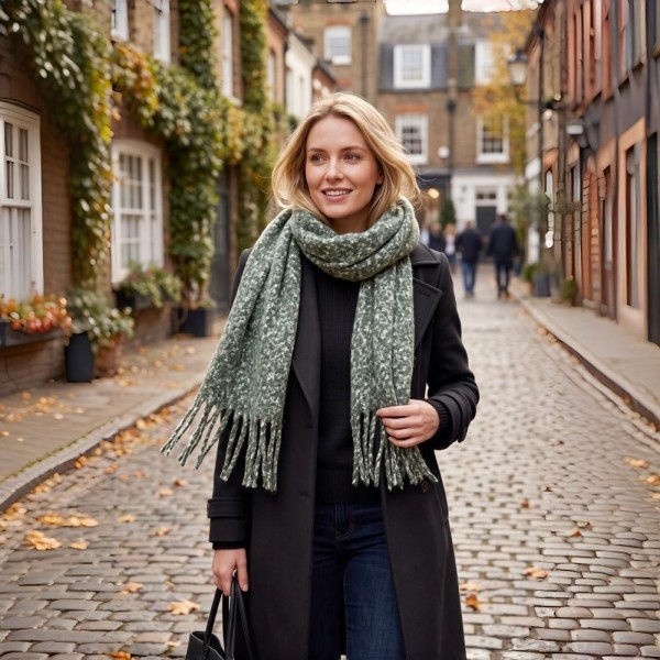 Chunky boucle knit scarf in a lofty marled yarn with long shaggy fringe. Extra wide and extra long, it wraps twice with room to spare and holds warmth without feeling heavy. A cold weather staple for boutique buyers stocking travel, tailgates, farmers markets, and holiday gifting. Oversized knit scarves fill a display fast and reorder in every shade once temperatures drop.