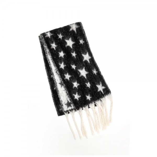 Star Print Fringe Scarf in a soft brushed woven fabric with an allover star pattern and hand knotted fringe ends. Generously sized to wrap, loop, or drape open over a coat, and light enough to keep on indoors. Star prints read festive without being locked to one holiday, so it sells from early fall straight through the new year. A dependable scarf program at a boutique friendly price point.
