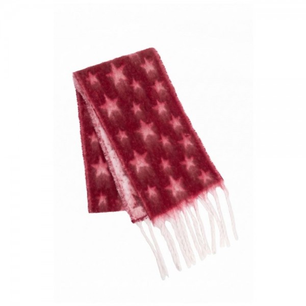 Star Print Fringe Scarf in a soft brushed woven fabric with an allover star pattern and hand knotted fringe ends. Generously sized to wrap, loop, or drape open over a coat, and light enough to keep on indoors. Star prints read festive without being locked to one holiday, so it sells from early fall straight through the new year. A dependable scarf program at a boutique friendly price point.