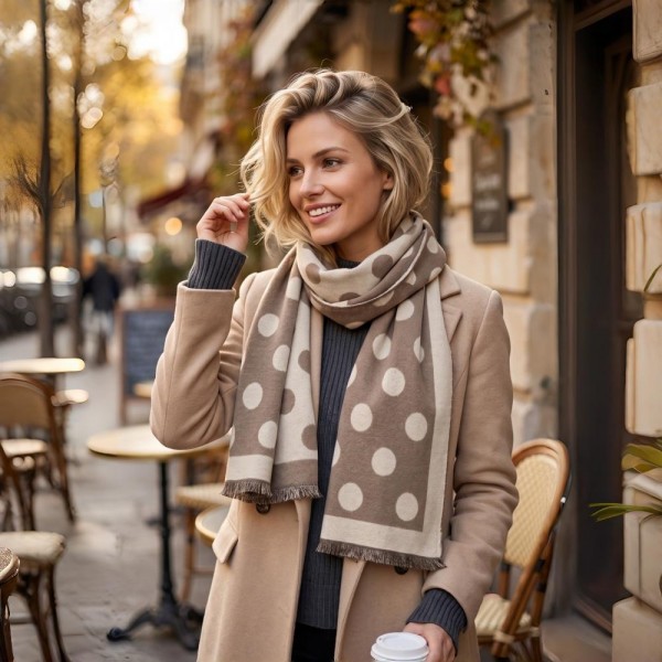 Polka dot scarf in a soft brushed weave with a reversible two tone face and knotted fringe ends. Long wrap length loops twice or hangs open over a coat, and the oversized dot pattern gives a plain outfit a finished look. A cold weather staple for boutique buyers stocking travel, tailgates, farmers markets, and holiday gifting. Printed fringe scarves are the easiest add on at the register all season long.