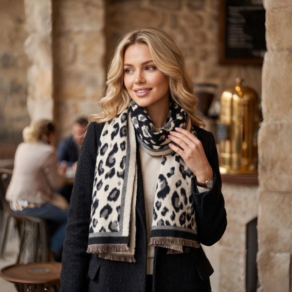 Animal print scarf in a soft brushed weave with a solid contrast border and knotted fringe ends. Long wrap length loops twice or drapes open over a coat, and the spotted print carries a neutral outfit on its own. A cold weather staple for boutique buyers stocking travel, tailgates, farmers markets, and holiday gifting. Animal print scarves are a proven repeat seller that never sits on the rack.