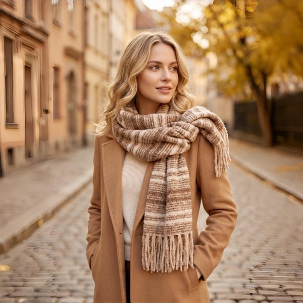 Striped woven scarf in a brushed heavyweight knit with knotted fringe on both ends. Long wrap length loops twice or hangs open over a coat, and the multi stripe weave pairs back to neutrals all season. A cold weather staple for boutique buyers stocking travel, tailgates, farmers markets, and holiday gifting. Striped fringe scarves are the easiest add on at the register and reorder as soon as it turns cold.