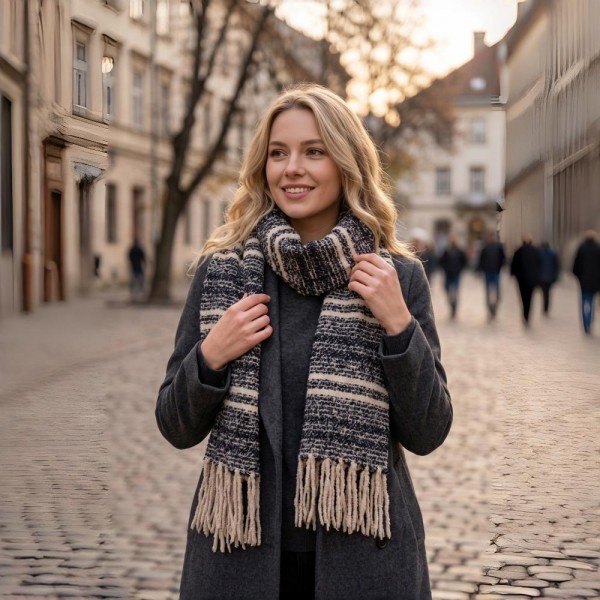 Striped woven scarf in a brushed heavyweight knit with knotted fringe on both ends. Long wrap length loops twice or hangs open over a coat, and the multi stripe weave pairs back to neutrals all season. A cold weather staple for boutique buyers stocking travel, tailgates, farmers markets, and holiday gifting. Striped fringe scarves are the easiest add on at the register and reorder as soon as it turns cold.