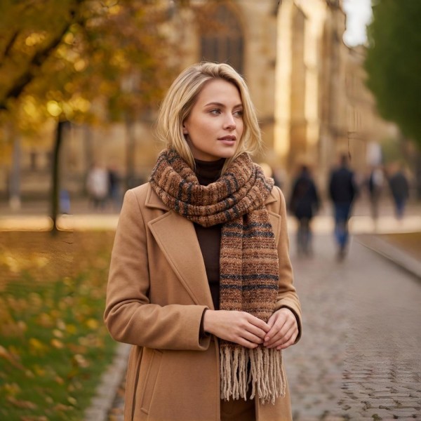 Striped woven scarf in a brushed heavyweight knit with knotted fringe on both ends. Long wrap length loops twice or hangs open over a coat, and the multi stripe weave pairs back to neutrals all season. A cold weather staple for boutique buyers stocking travel, tailgates, farmers markets, and holiday gifting. Striped fringe scarves are the easiest add on at the register and reorder as soon as it turns cold.