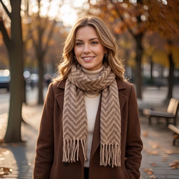 Woven chevron scarf in a brushed heavyweight knit with hand knotted fringe on both ends. Long wrap length loops twice or hangs open over a coat, and the soft two tone weave reads dressy or casual. A cold weather staple for boutique buyers stocking travel, tailgates, farmers markets, and holiday gifting. Fringe scarves are the easiest add on at the register and reorder once temperatures drop.