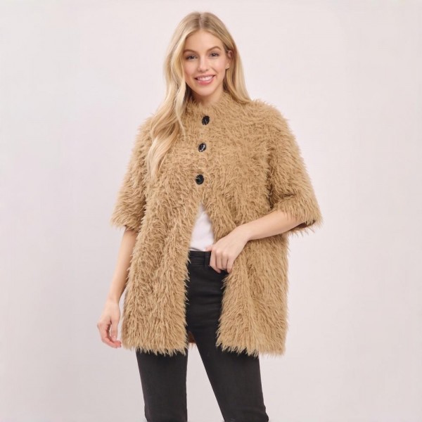Shaggy faux fur cardigan with a button front, elbow length sleeves, and a soft knit backing. Relaxed one size cut layers over a tee and denim or a slip dress, and the long pile finish gives a coat look without the weight. A fall and winter layer for boutique buyers stocking holiday parties, date nights, travel, and cold office mornings. Textured fur jackets are the piece customers try on first and reorder in every shade.
