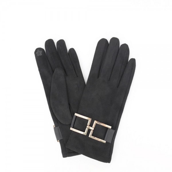 Faux Suede Gloves With Gold Buckle Accent 

- Touchscreen Compatible 
- One Size Fits Most 
- 100% Polyester 
