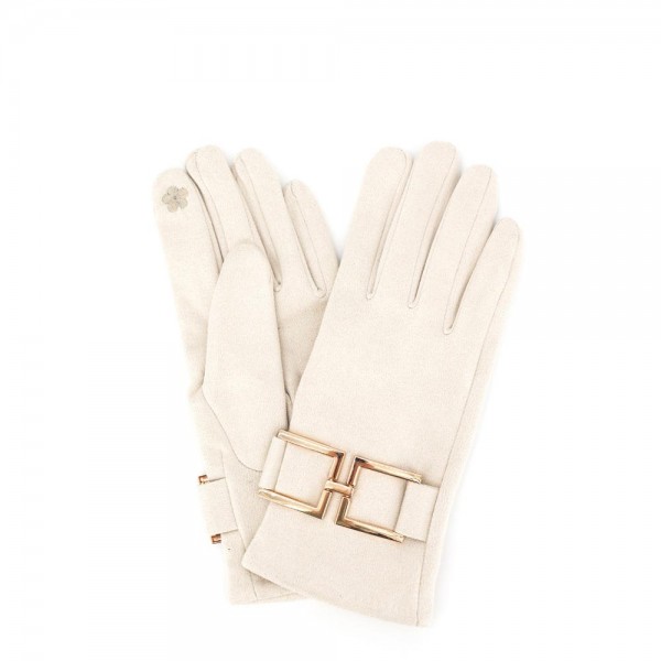 Faux Suede Gloves With Gold Buckle Accent 

- Touchscreen Compatible 
- One Size Fits Most 
- 100% Polyester 