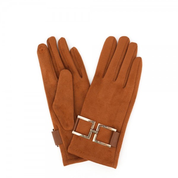 Faux Suede Gloves With Gold Buckle Accent 

- Touchscreen Compatible 
- One Size Fits Most 
- 100% Polyester 