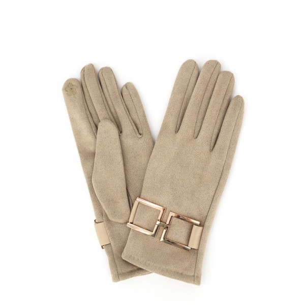 Faux Suede Gloves With Gold Buckle Accent 

- Touchscreen Compatible 
- One Size Fits Most 
- 100% Polyester 