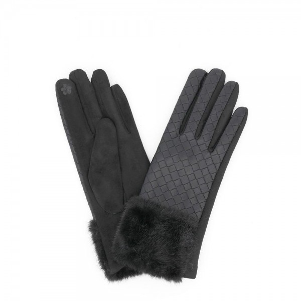 Touchscreen gloves with a plush faux fur cuff, gold tone button trim, and a smooth brushed body. Conductive fingertips keep her phone in hand, and the cuff finishes a coat sleeve without adding bulk. A fall and winter accessory for boutique gift displays, holiday markets, date nights, and cold morning commutes. Fur cuff texting gloves photograph well and reorder every time temperatures drop.
