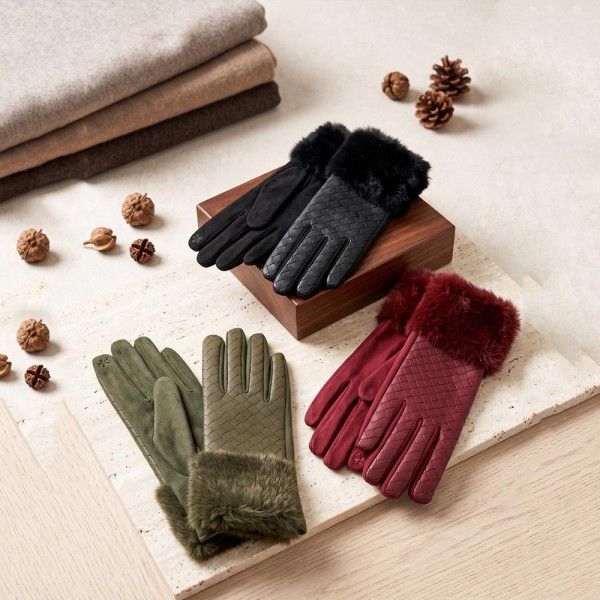 Touchscreen gloves with a plush faux fur cuff, gold tone button trim, and a smooth brushed body. Conductive fingertips keep her phone in hand, and the cuff finishes a coat sleeve without adding bulk. A fall and winter accessory for boutique gift displays, holiday markets, date nights, and cold morning commutes. Fur cuff texting gloves photograph well and reorder every time temperatures drop.