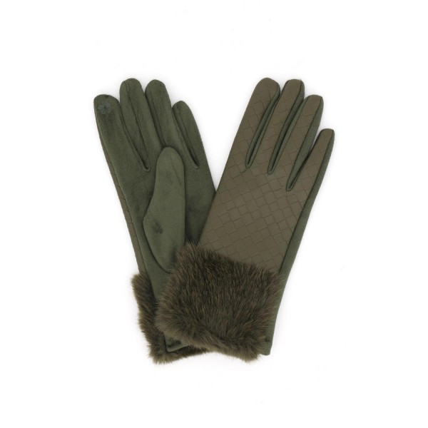 Touchscreen gloves with a plush faux fur cuff, gold tone button trim, and a smooth brushed body. Conductive fingertips keep her phone in hand, and the cuff finishes a coat sleeve without adding bulk. A fall and winter accessory for boutique gift displays, holiday markets, date nights, and cold morning commutes. Fur cuff texting gloves photograph well and reorder every time temperatures drop.