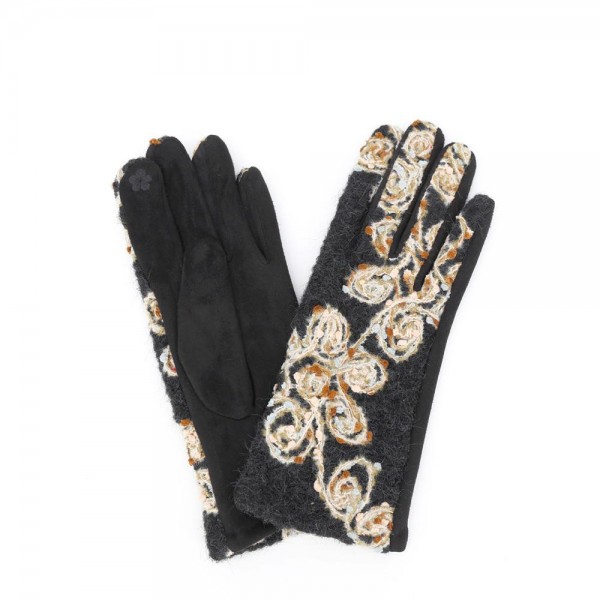 Touchscreen gloves with metallic floral embroidery across a brushed knit back and a soft stretch palm. Conductive fingertips let her text and scroll without taking them off, and the slim fit dresses up a coat sleeve. A fall and winter accessory for boutique gift walls, holiday markets, church, and cold morning commutes. Embroidered texting gloves give a jewelry level gift at an easy price point.
