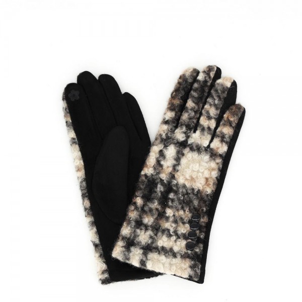 Touchscreen gloves with a brushed plaid tweed back, button detail, and a soft stretch palm. Conductive fingertips keep her phone in hand, and the snug fit tucks neatly under a coat sleeve. A fall and winter accessory for boutique register displays, football weekends, school pickup, and cold morning commutes. Plaid texting gloves are an easy impulse add on that reorders once the weather turns.