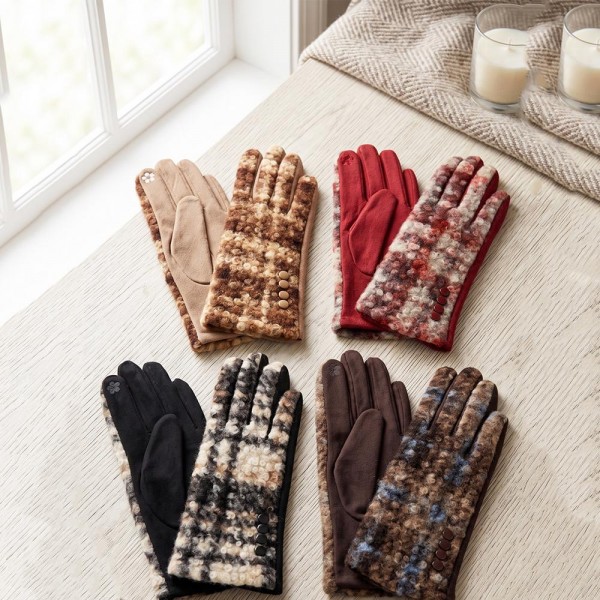 Touchscreen gloves with a brushed plaid tweed back, button detail, and a soft stretch palm. Conductive fingertips keep her phone in hand, and the snug fit tucks neatly under a coat sleeve. A fall and winter accessory for boutique register displays, football weekends, school pickup, and cold morning commutes. Plaid texting gloves are an easy impulse add on that reorders once the weather turns.