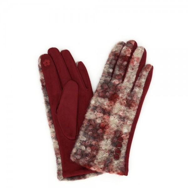 Touchscreen gloves with a brushed plaid tweed back, button detail, and a soft stretch palm. Conductive fingertips keep her phone in hand, and the snug fit tucks neatly under a coat sleeve. A fall and winter accessory for boutique register displays, football weekends, school pickup, and cold morning commutes. Plaid texting gloves are an easy impulse add on that reorders once the weather turns.