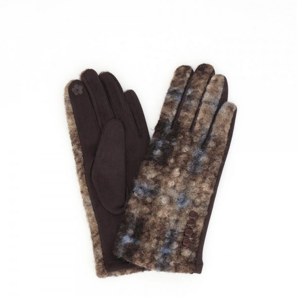 Touchscreen gloves with a brushed plaid tweed back, button detail, and a soft stretch palm. Conductive fingertips keep her phone in hand, and the snug fit tucks neatly under a coat sleeve. A fall and winter accessory for boutique register displays, football weekends, school pickup, and cold morning commutes. Plaid texting gloves are an easy impulse add on that reorders once the weather turns.