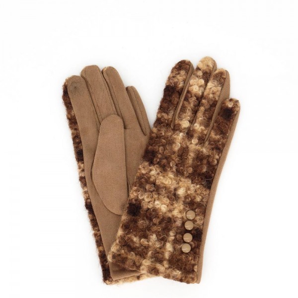 Touchscreen gloves with a brushed plaid tweed back, button detail, and a soft stretch palm. Conductive fingertips keep her phone in hand, and the snug fit tucks neatly under a coat sleeve. A fall and winter accessory for boutique register displays, football weekends, school pickup, and cold morning commutes. Plaid texting gloves are an easy impulse add on that reorders once the weather turns.