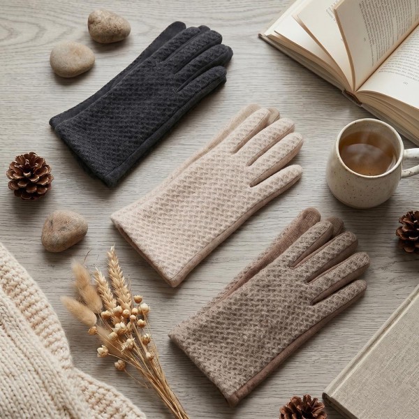 Touchscreen gloves with a textured pointelle knit back and a smooth brushed palm. Conductive fingertips keep her phone in hand, and the stretch fit slides under a coat sleeve without bunching. A fall and winter accessory for boutique register displays, tailgates, school pickup, and cold morning commutes. Knit back texting gloves are a low ticket add on that reorders straight through the season.