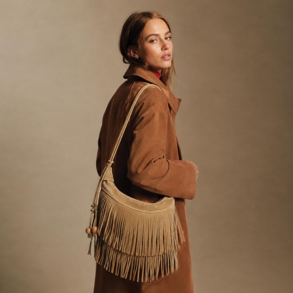 Do Everything In Love Suede Fringe Crossbody Bag With Wooden Ball Tassel 

- Full Zip Closure
- Lined Body
- 1 Internal Zip Closure 
- 100% Polyester 
- Approximately 11.5" L X 7" T X 2" D