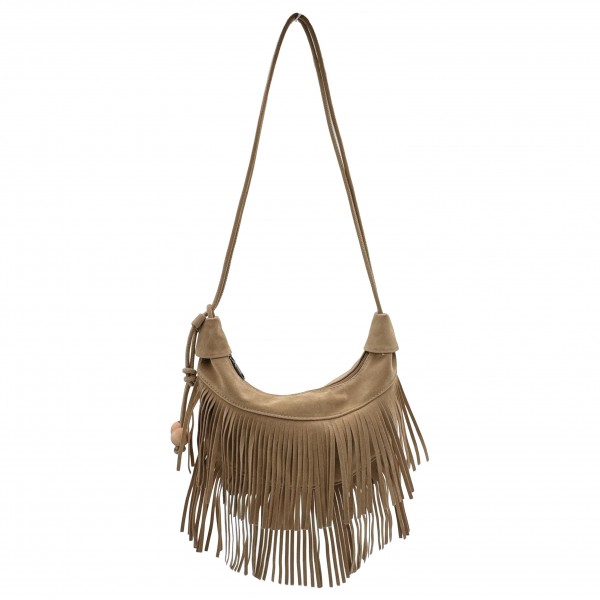 Do Everything In Love Suede Fringe Crossbody Bag With Wooden Ball Tassel 

- Full Zip Closure
- Lined Body
- 1 Internal Zip Closure 
- 100% Polyester 
- Approximately 11.5" L X 7" T X 2" D