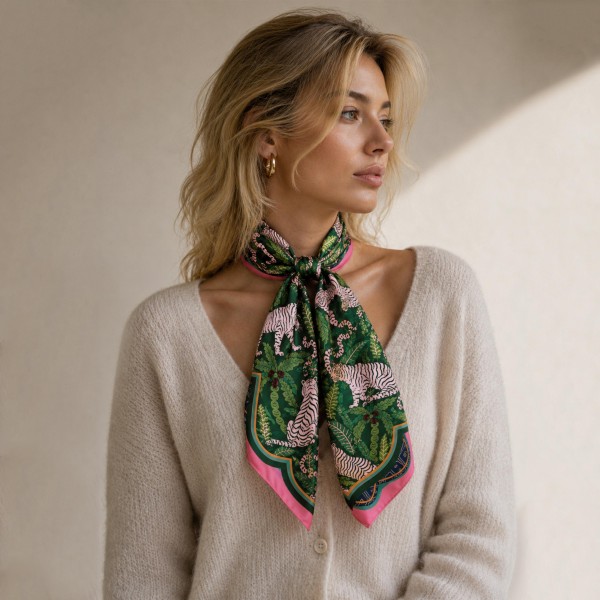 Do Everything In Love Silky Mahjong Tiger Print Bandana Scarf

- Multi-Use: Scarf, Bandana, Bag Tie ETC
- Approximately 27.5" L X 27.5" W
- 100% Polyester