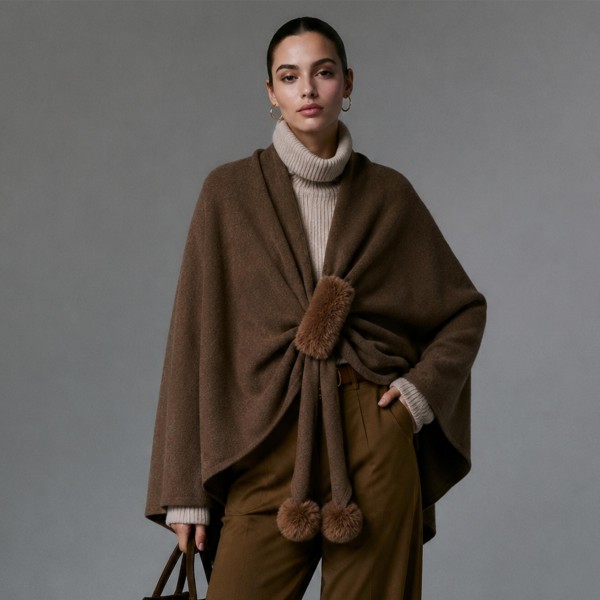 Knit cape wrap finished with faux fur pom ties at the front, cut wide through the shoulder and falling past the hip. The brushed yarn feels substantial without weighing a shoulder down, and the open silhouette layers over tees, turtlenecks, and slim knits. One forgiving size covers a wide customer range, which keeps buying simple. A high impact rack piece that lifts the average ticket through fall and holiday.