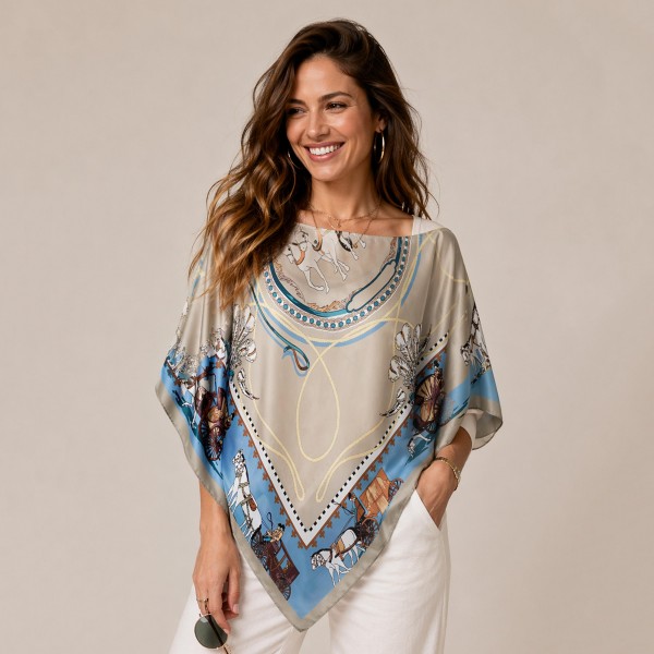 Do Everything In Love Silky Wagon Print Scarf Poncho

- 100% Polyester
- Approximately 17.7" L X 50" W