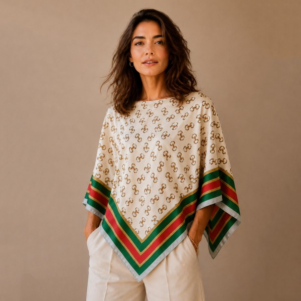 Do Everything In Love Silky Horsebit Print Scarf Poncho 

- 100% Polyester 
- Approximately 17.7" L X 20" W