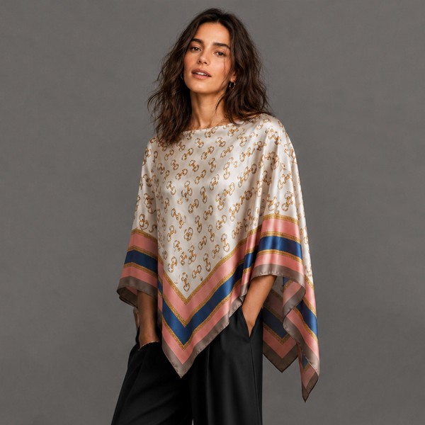 Do Everything In Love Silky Horsebit Print Scarf Poncho 

- 100% Polyester 
- Approximately 17.7" L X 50" W