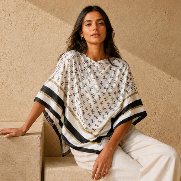Do Everything In Love Silky Horsebit Print Scarf Poncho 

- 100% Polyester 
- Approximately 17.7" L X 20" W