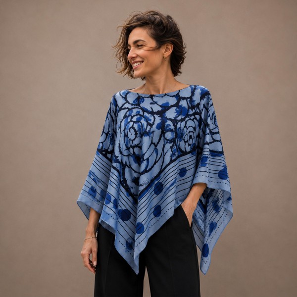 Printed lightweight poncho with a softly draped silhouette and pointed hem. The airy woven fabric layers over a tee, tank, or fitted knit without adding bulk, and the pull-on shape means no sizing headaches on the sales floor. An easy travel and transitional-weather piece for customers who want coverage without committing to a jacket. One size fits most, which makes it a simple, fast-turning add to any clothing rack.