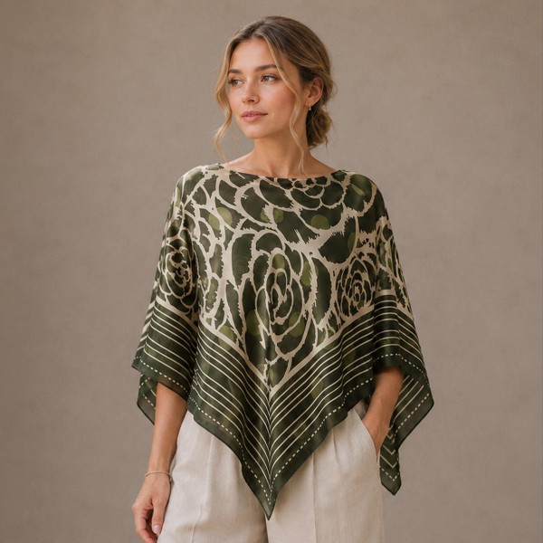 Printed lightweight poncho with a softly draped silhouette and pointed hem. The airy woven fabric layers over a tee, tank, or fitted knit without adding bulk, and the pull-on shape means no sizing headaches on the sales floor. An easy travel and transitional-weather piece for customers who want coverage without committing to a jacket. One size fits most, which makes it a simple, fast-turning add to any clothing rack.