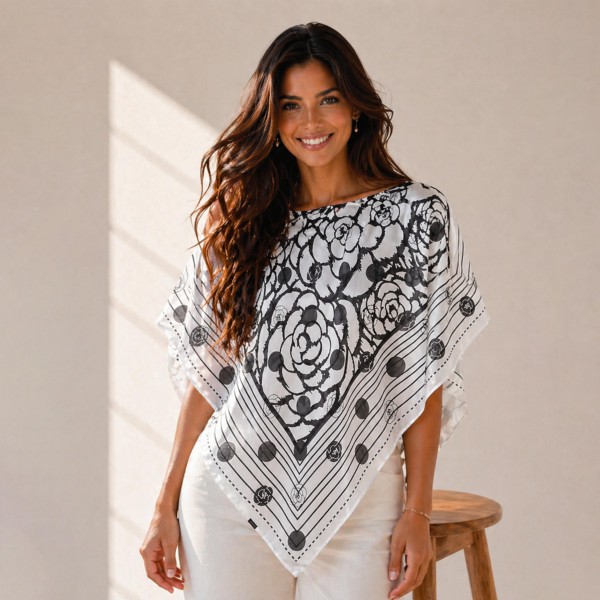 Do Everything In Love Silky Rose Border Print Scarf Poncho

- 100% Polyester
- Approximately 17.7" L X 50" W