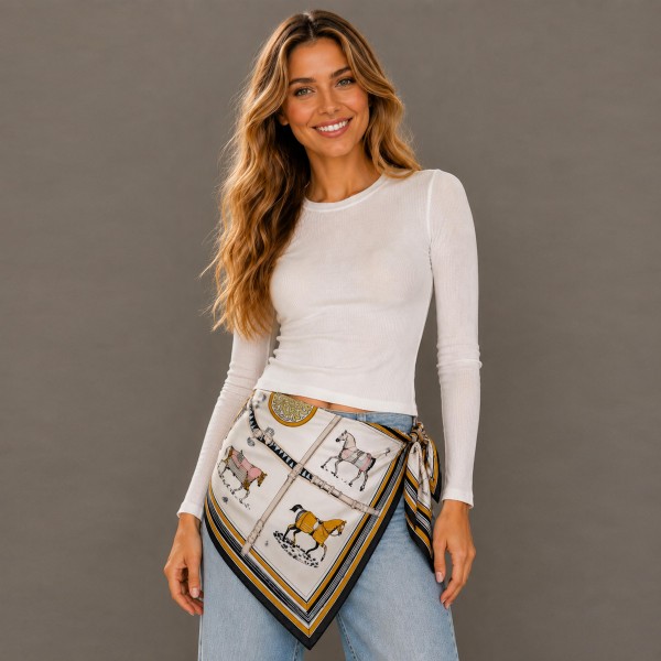 Do Everything In Love Silky Equestrian Print Bandana Scarf

- Multi-Use: Scarf, Bandana, Bag Tie ETC
- Approximately 34"L X 34"W
- 100% Polyester