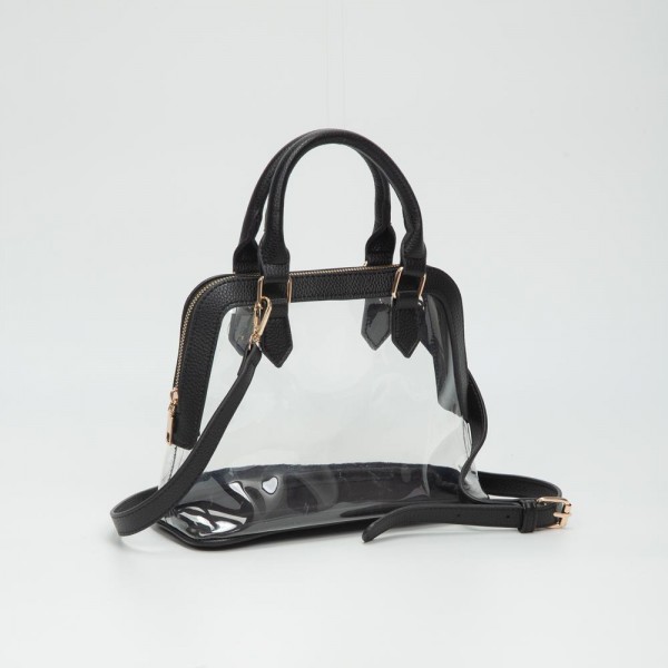 Clear Tote Bag With Vegan Leather Trim

- Full Zip Closure
- Detachable Vegan Leather Cross Body Strap
- Handle Drop 3.5" L
- Approximately 10" L X 7.5" T X 4.5" D