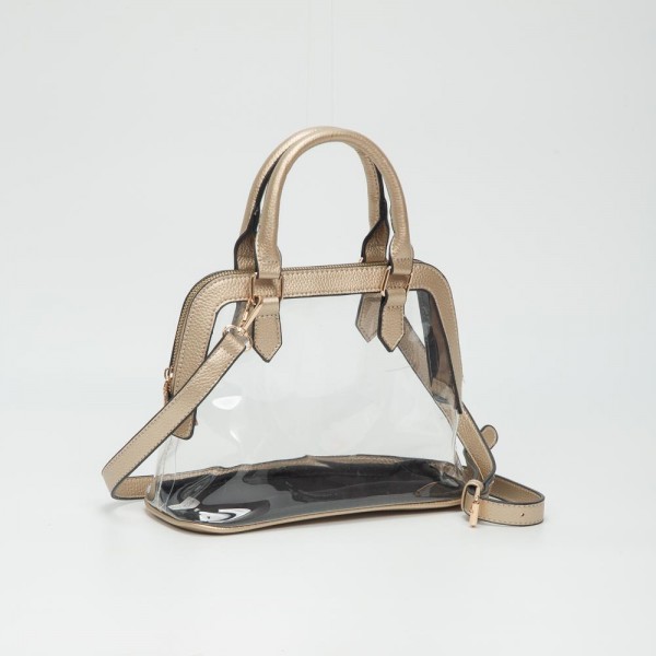 Clear Tote Bag With Vegan Leather Trim

- Full Zip Closure
- Detachable Vegan Leather Cross Body Strap
- Handle Drop 3.5" L
- Approximately 10" L X 7.5" T X 4.5" D