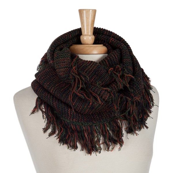 Navy, green, and orange infinity scarf with frayed edges. 100% acrylic. 