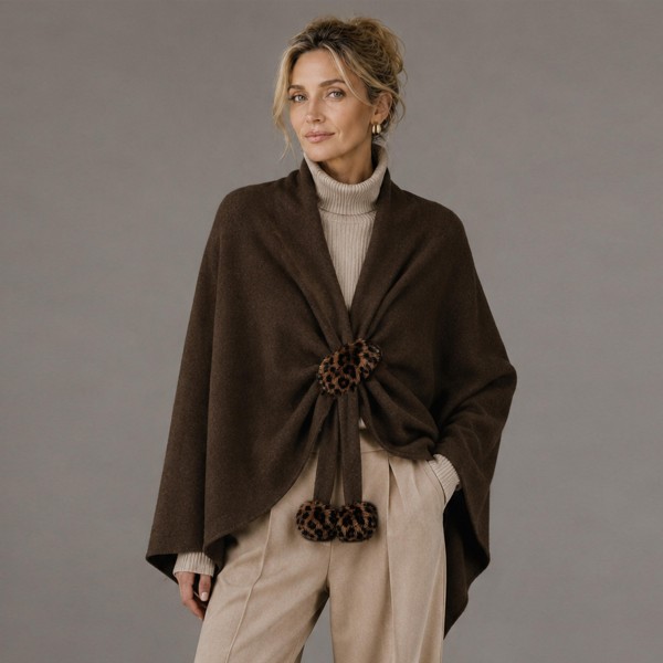 Knit cape wrap with faux fur pom ties at the front, cut wide enough to drape over the shoulders and fall past the hip. The soft brushed yarn feels substantial without weighing down a shoulder, and the open silhouette layers over almost anything on the rack. Sizing is forgiving, so one piece works across a wide customer range. A strong window piece that drives a higher ticket through fall and holiday.