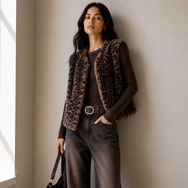 Faux fur vest in a soft brushed pile with an open front and a clean collarless cut. It layers over long sleeves and turtlenecks without adding bulk at the shoulder, and the animal print lifts a plain outfit instantly. Hangs well on a rack and photographs strongly for social posts. Statement outerwear drives a higher ticket than basics through fall and holiday.