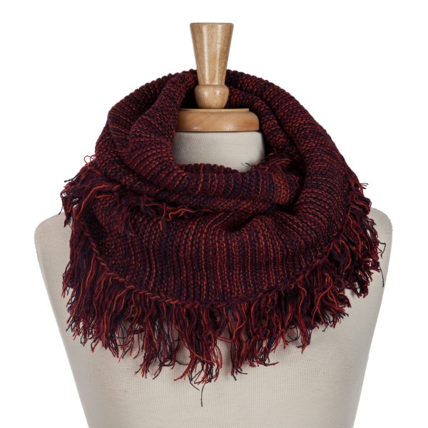 Burgundy, navy, and orange infinity scarf with frayed edges. 100% acrylic. 