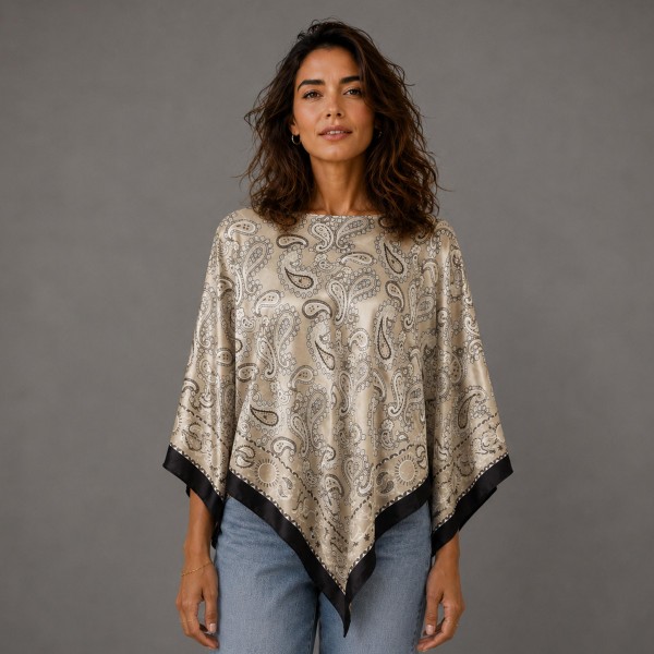 Do Everything In Love Silky Paisley Print Scarf Poncho 

- 100% Polyester 
- Approximately 17.7" L X 20" W