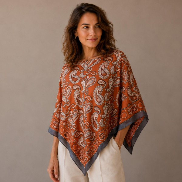 Do Everything In Love Silky Paisley Print Scarf Poncho 

- 100% Polyester 
- Approximately 17.7" L X 20" W