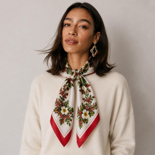 Do Everything In Love Silky Christmas Wreath Print Bandana Scarf

- Multi-Use: Scarf, Bandana, Bag Tie ETC
- Approximately 27.5" L X 27.5" W
- 100% Polyester