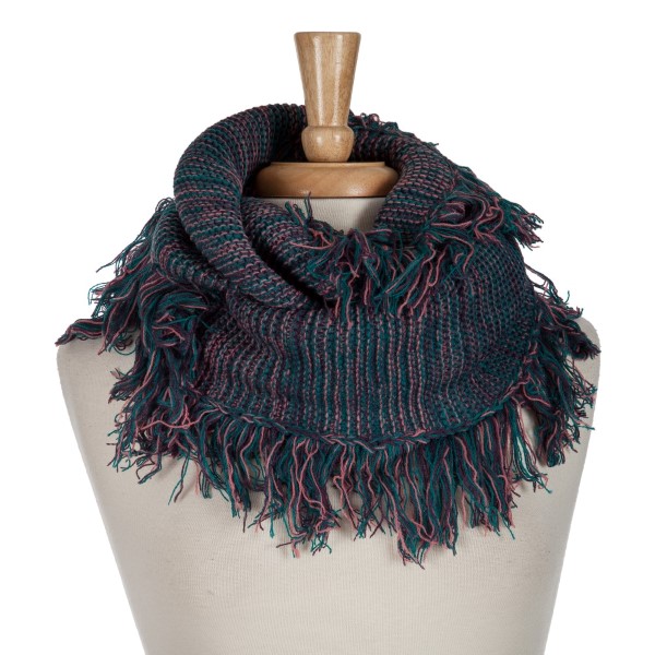 Navy, teal, and pink infinity scarf with frayed edges. 100% acrylic. 